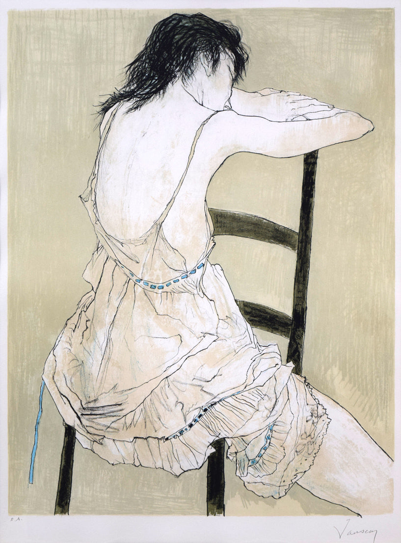 ジャン・ジャンセン(Jean Jansem)「バラ色のペチコートの少女」リトグラフ 作品全体画像