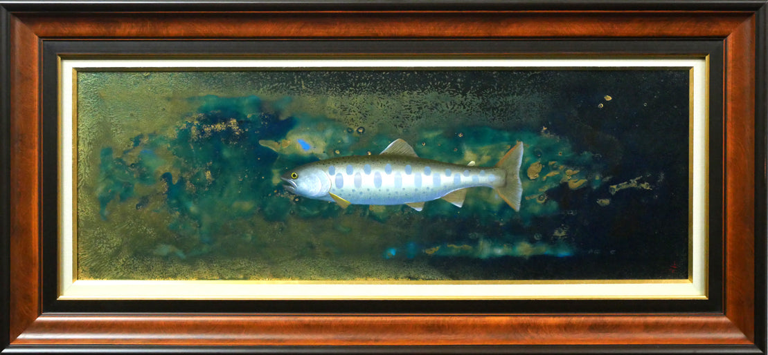 上代誠「山女魚(楽古川・十勝)」油絵・変形15号