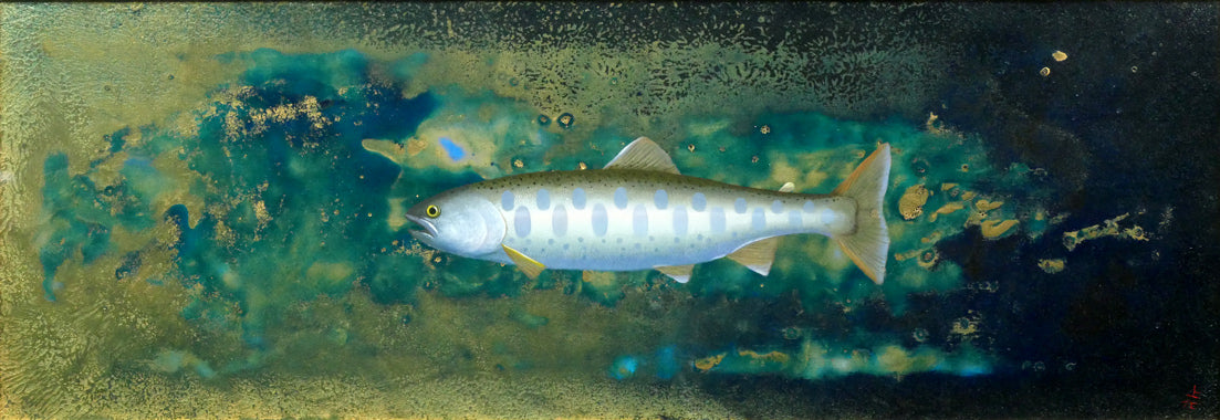 上代誠「山女魚(楽古川・十勝)」油絵・変形15号 作品全体拡大画像