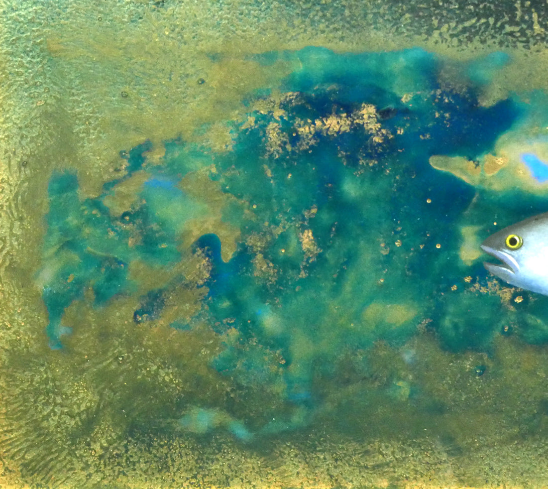 上代誠「山女魚(楽古川・十勝)」油絵・変形15号 拡大画像1