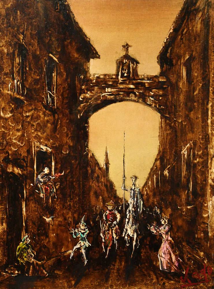 角浩「街へ来たドンキホーテ」油絵・F0号 作品全体画像