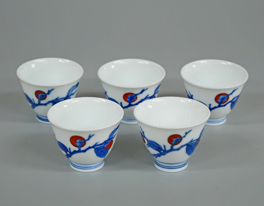 十四代酒井田柿右衛門「染錦柿文煎茶碗(5点1組)」共箱 全体画像1