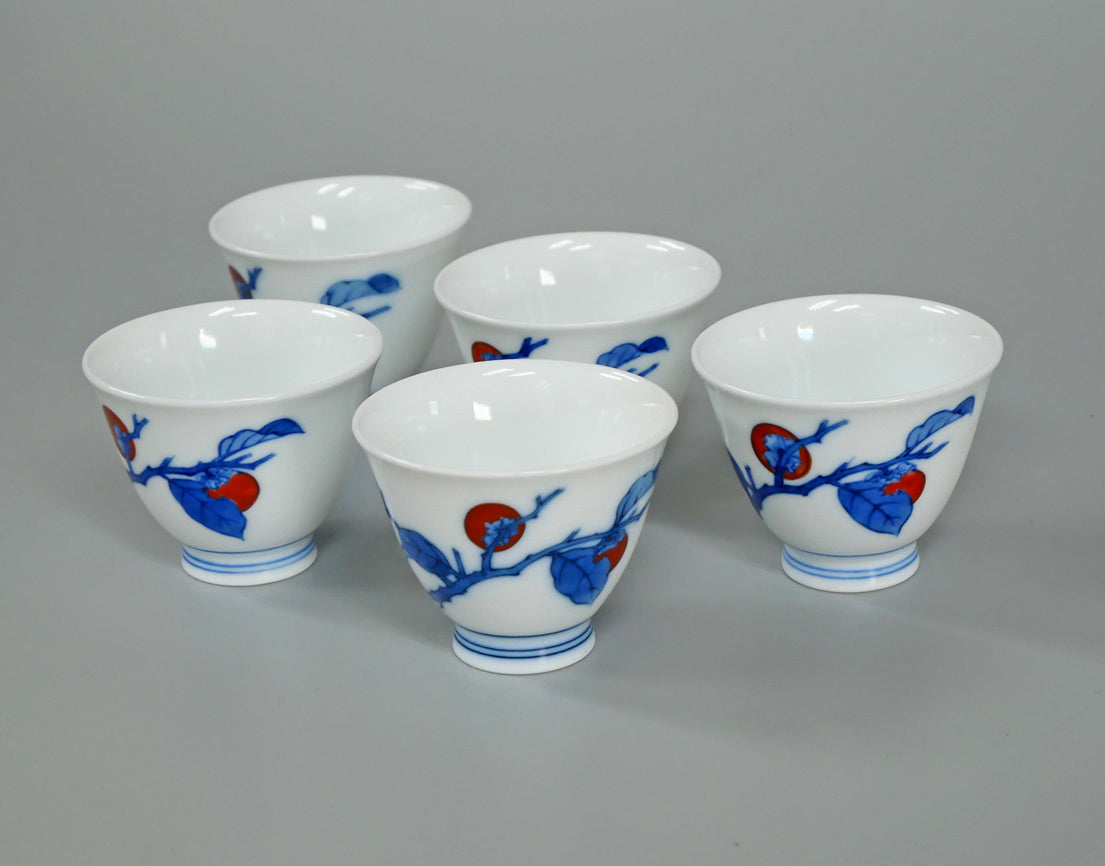 十四代酒井田柿右衛門「染錦柿文煎茶碗(5点1組)」共箱