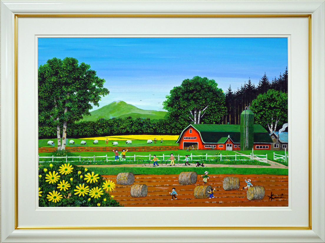 金井英明「ぐるぐる輪回し」肉筆アクリル画1点物・10号