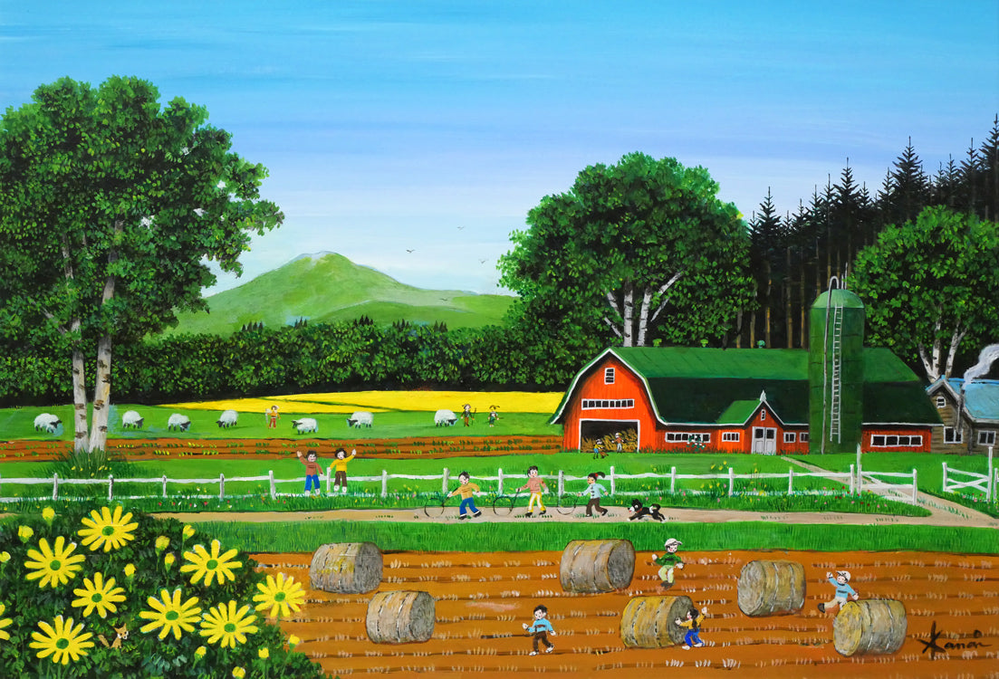 金井英明「ぐるぐる輪回し」肉筆アクリル画1点物・10号 作品全体画像