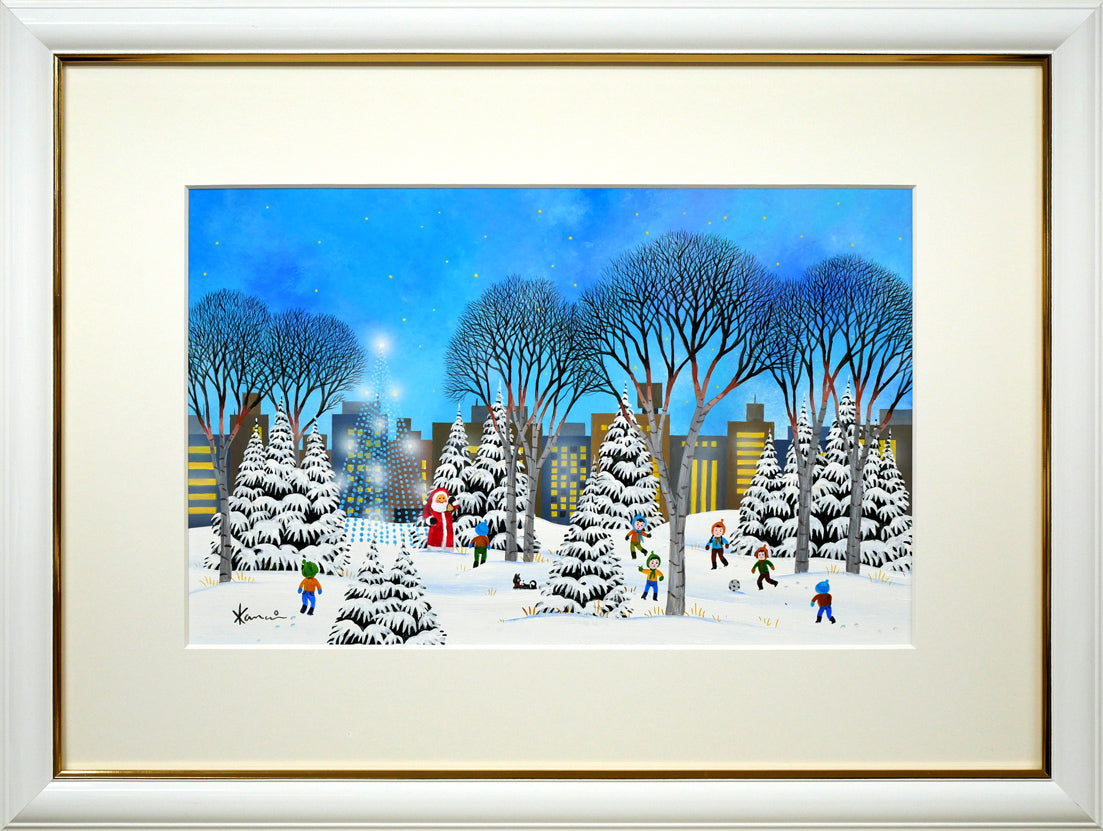 金井英明「イルミネーション ファンタジー(サンタとツリー)」肉筆アクリル画1点物・6号