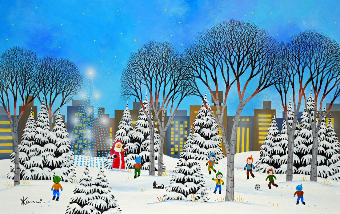 金井英明「イルミネーション ファンタジー(サンタとツリー)」肉筆アクリル画1点物・6号 作品全体画像