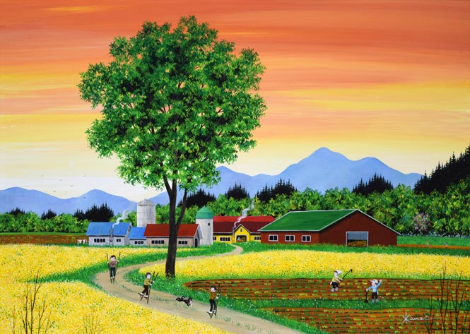 金井英明「咲いた咲いた大地の花が(春)」アクリル画・10号 作品全体拡大画像