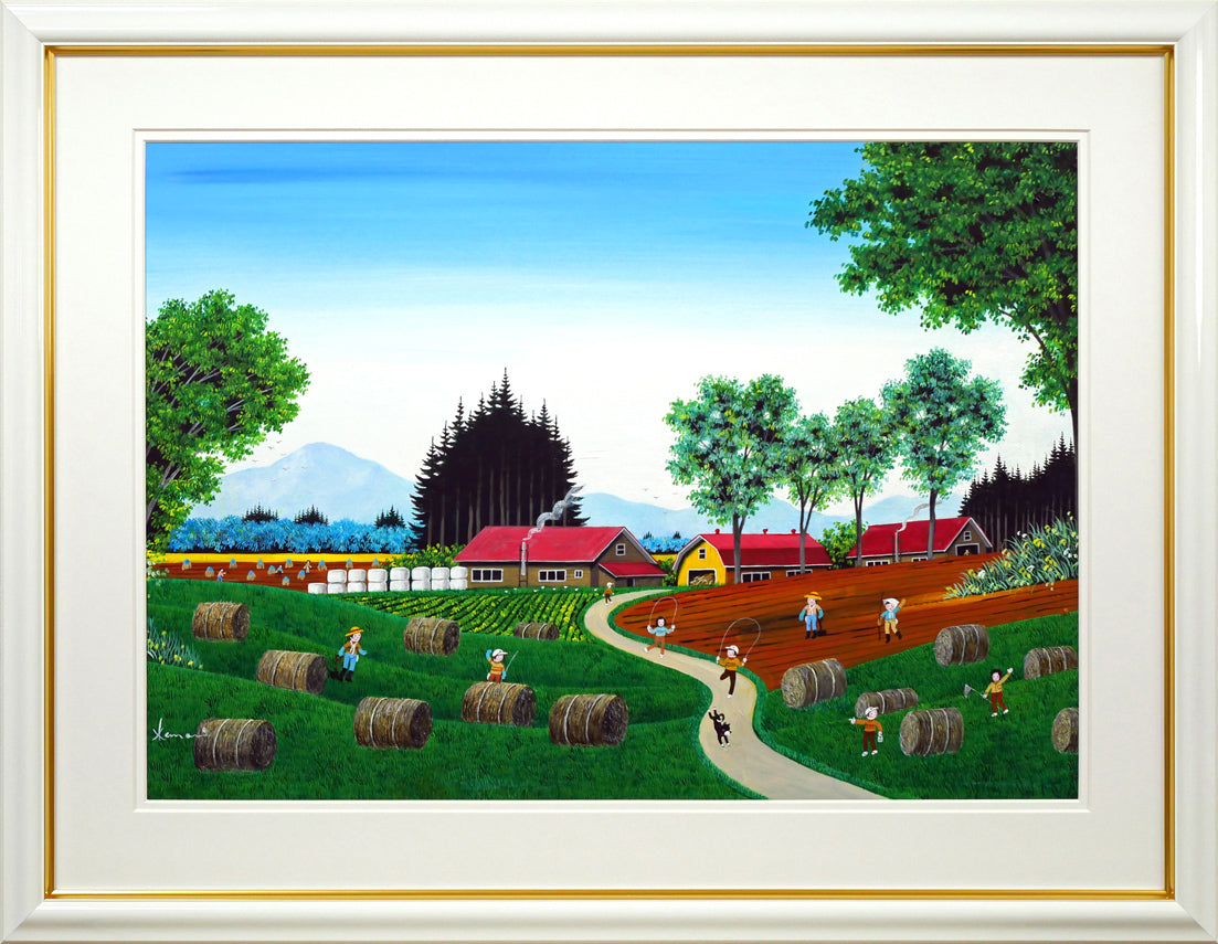 金井英明「干し草ロールがゴーロゴロ」肉筆アクリル画1点物・12号