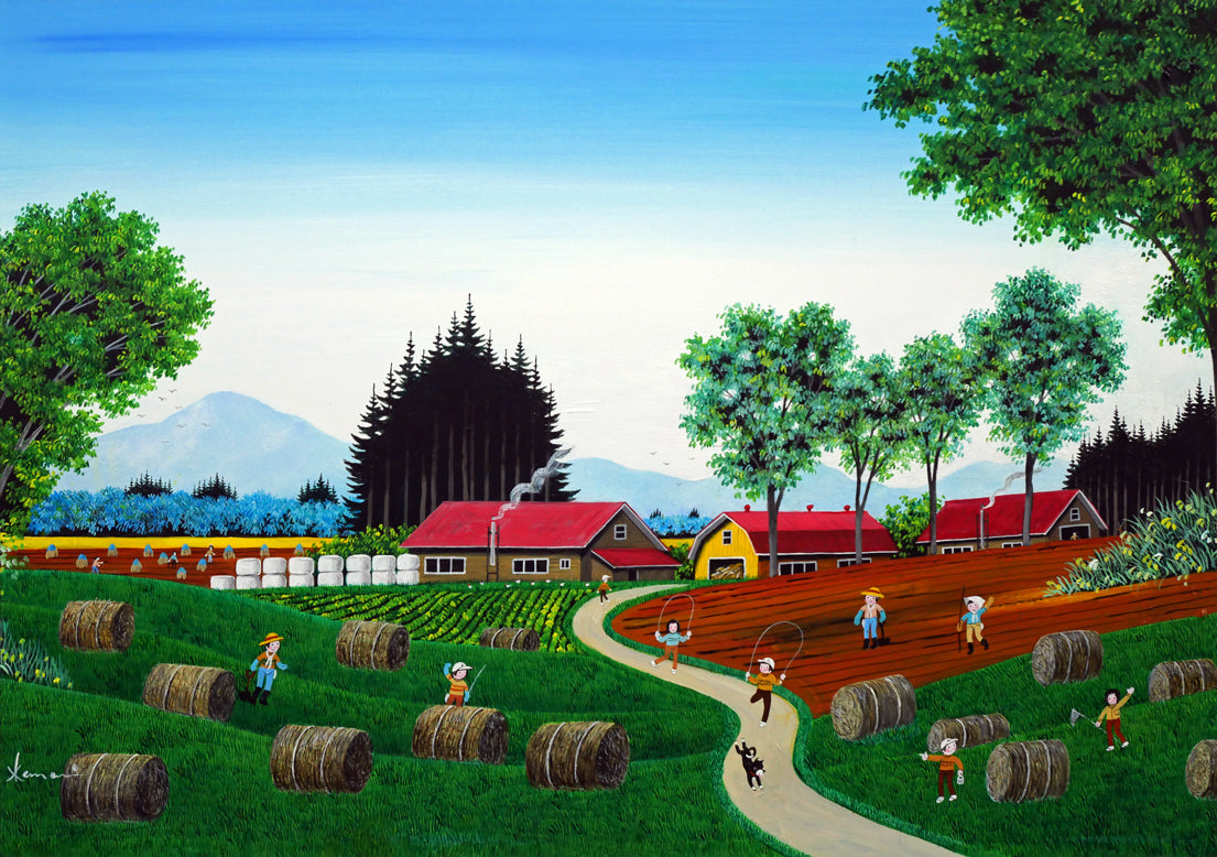 金井英明「干し草ロールがゴーロゴロ」肉筆アクリル画1点物・12号 作品全体画像