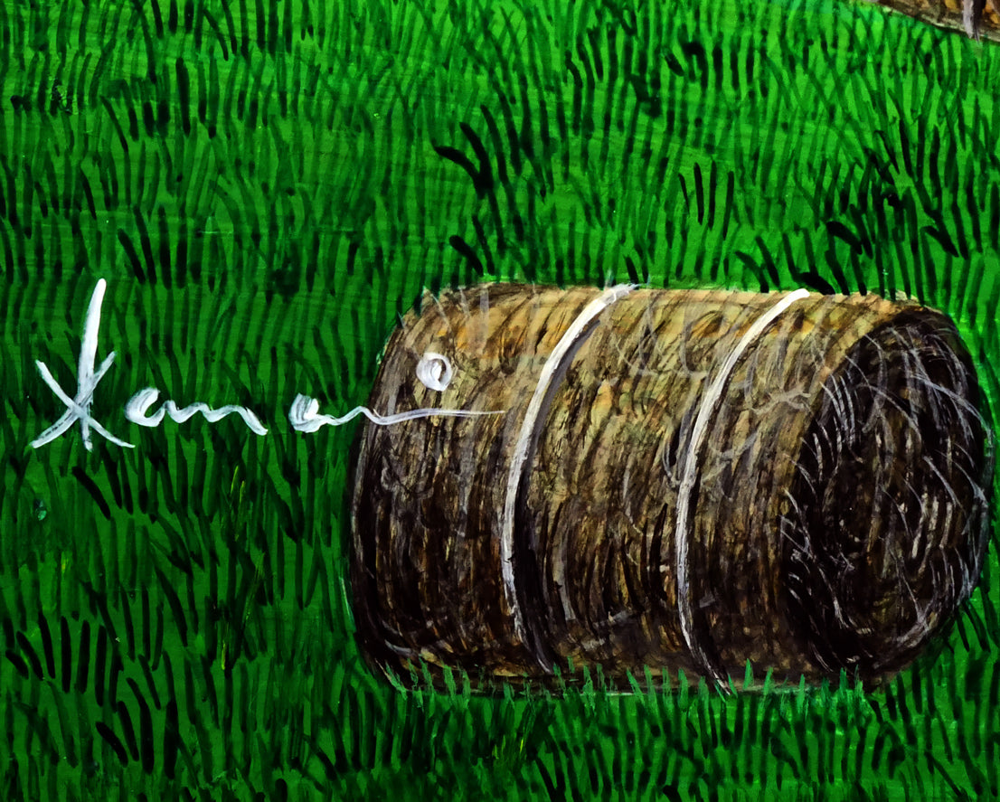金井英明「干し草ロールがゴーロゴロ」肉筆アクリル画1点物・12号 作品全体画像