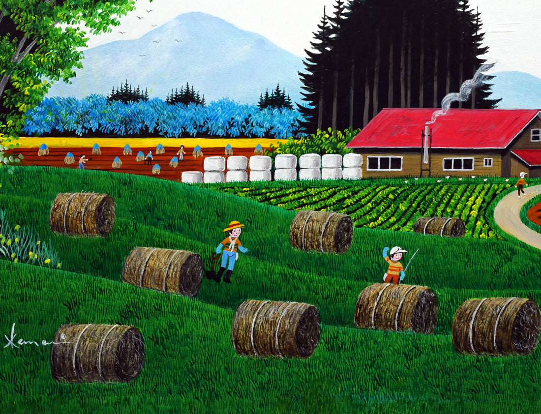 金井英明「干し草ロールがゴーロゴロ」肉筆アクリル画1点物・12号 拡大画像3