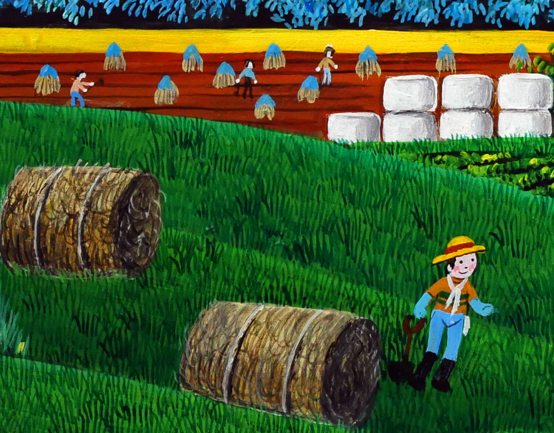 金井英明「干し草ロールがゴーロゴロ」肉筆アクリル画1点物・12号 拡大画像5