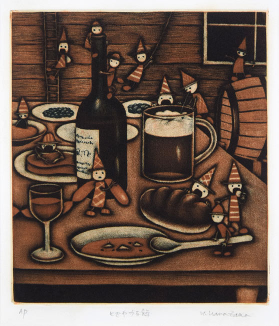 金沢一彦「にぎやかな食卓」銅版画　作品全体画像