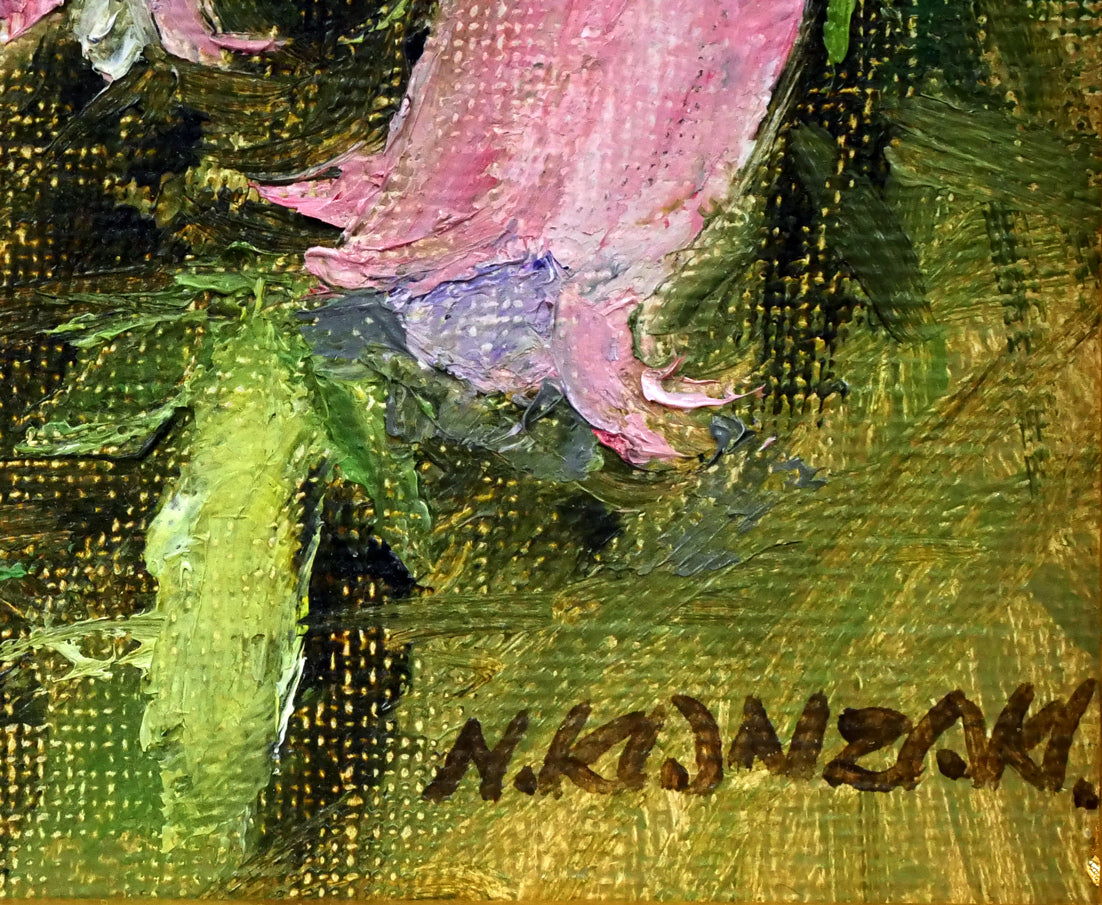 神崎宣彦「ホタルブクロ」油絵・F0号 サイン拡大画像