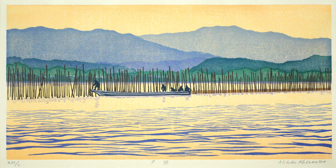 笠松三保子「夕照」木版画 作品全体拡大画像