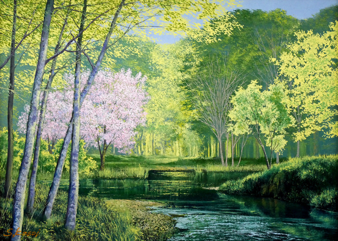 葛西俊逸「水辺の休日」油絵・P8号 作品全体画像