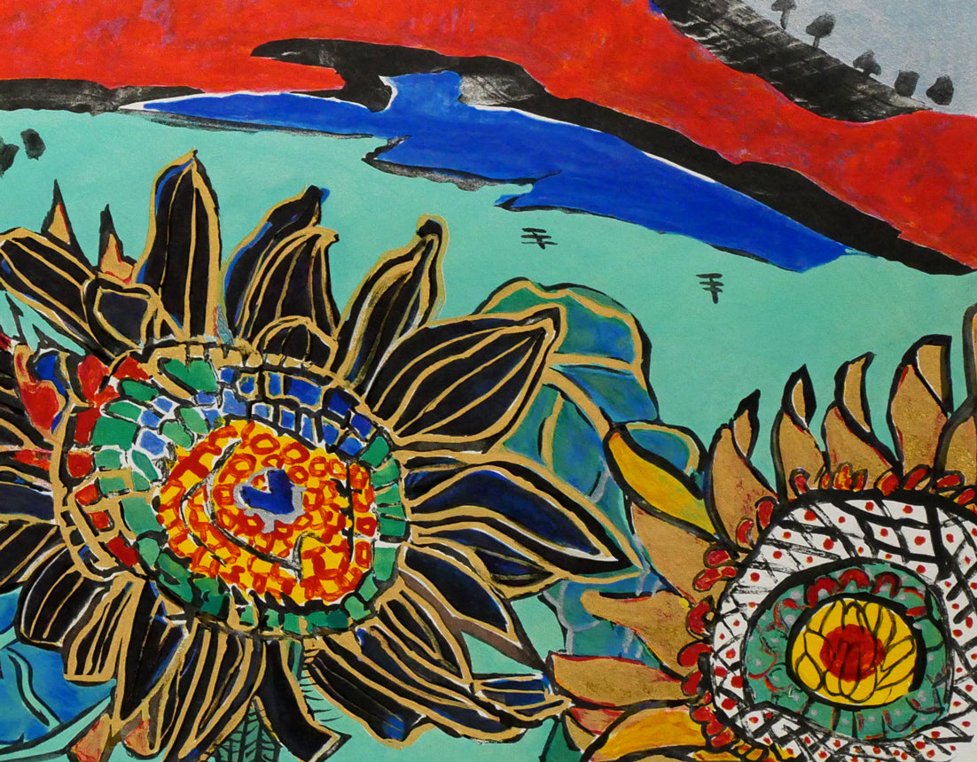 片岡球子「富士に献花(ひまわり)」リトグラフ 拡大画像5