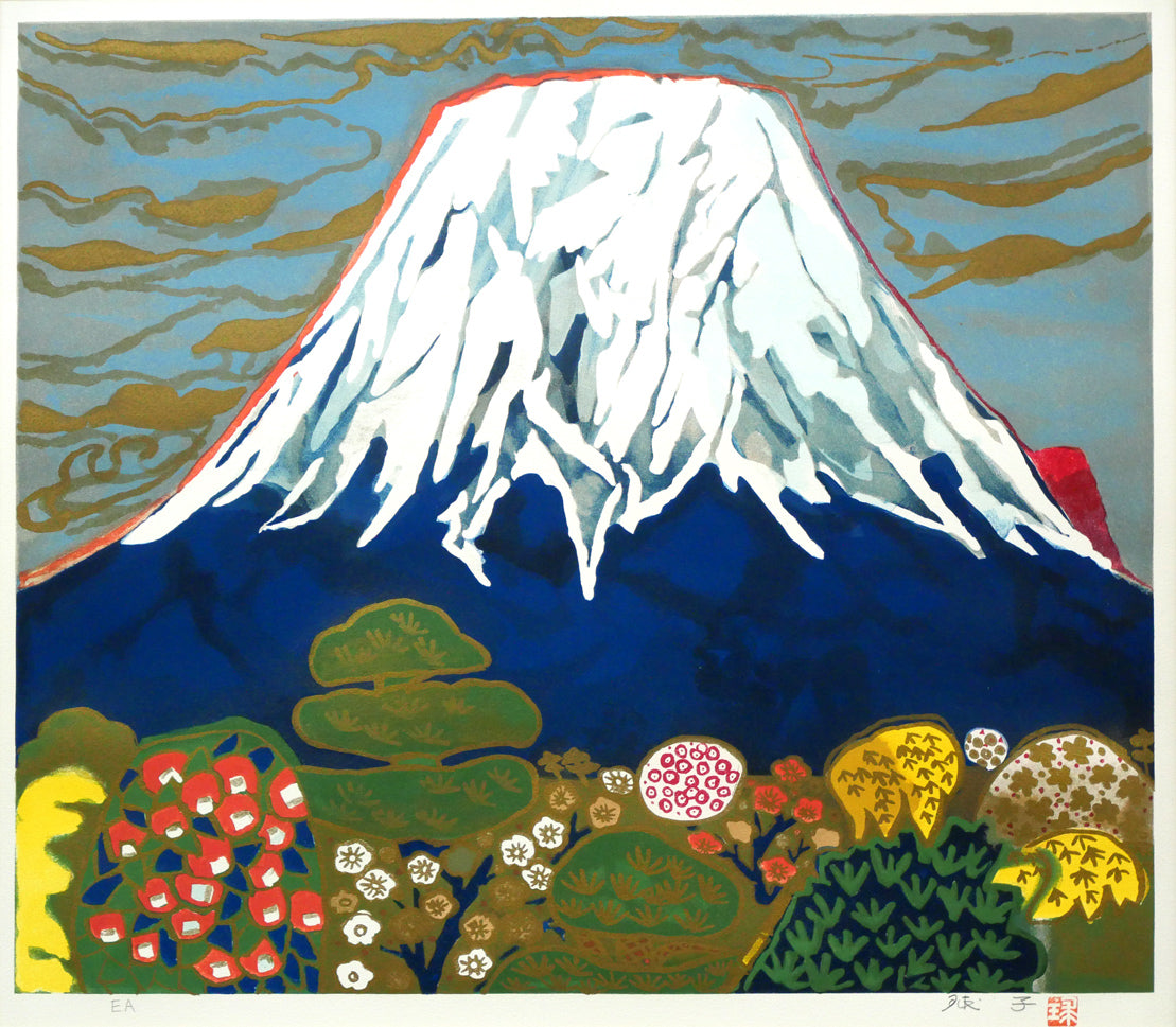 片岡球子「梅椿樹咲きそめし富士」リトグラフ 作品全体拡大画像