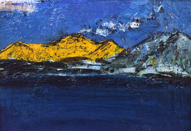 片山弘明「秋の支笏湖(樽前山と風不死岳)」油絵・SM 拡大画像1