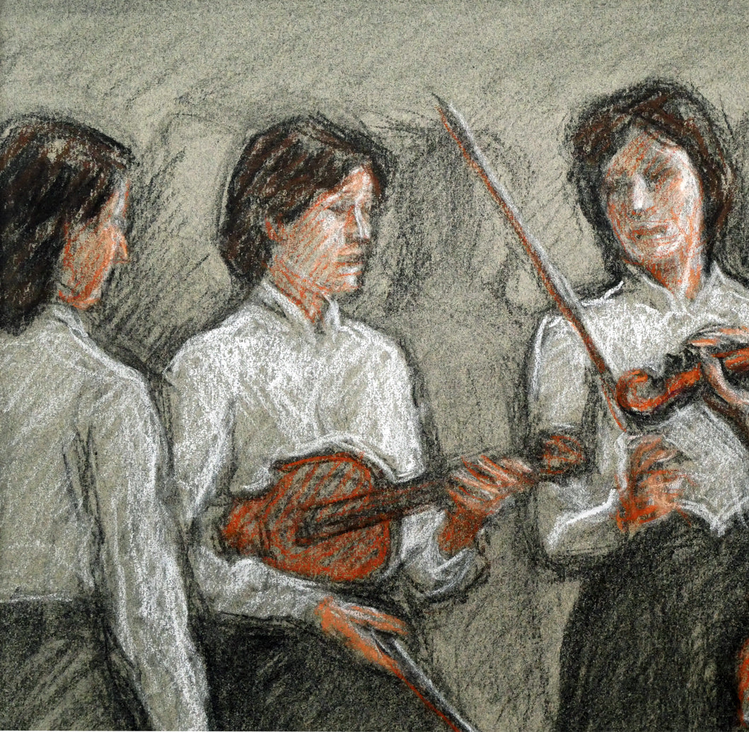 加藤一豊「バイオリン(群像シリーズ)」パステル画・6号 拡大画像1