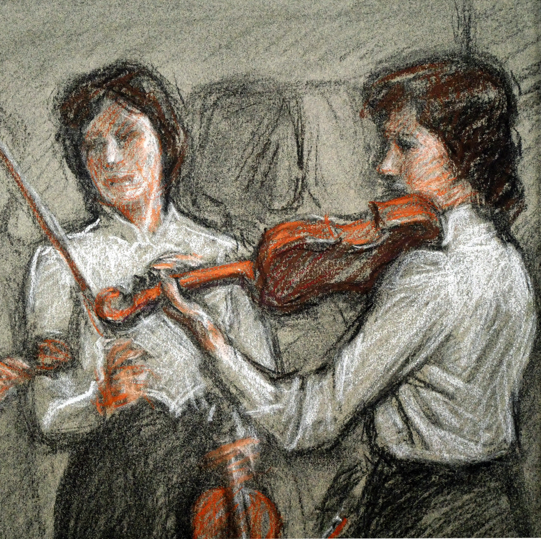 加藤一豊「バイオリン(群像シリーズ)」パステル画・6号 拡大画像2