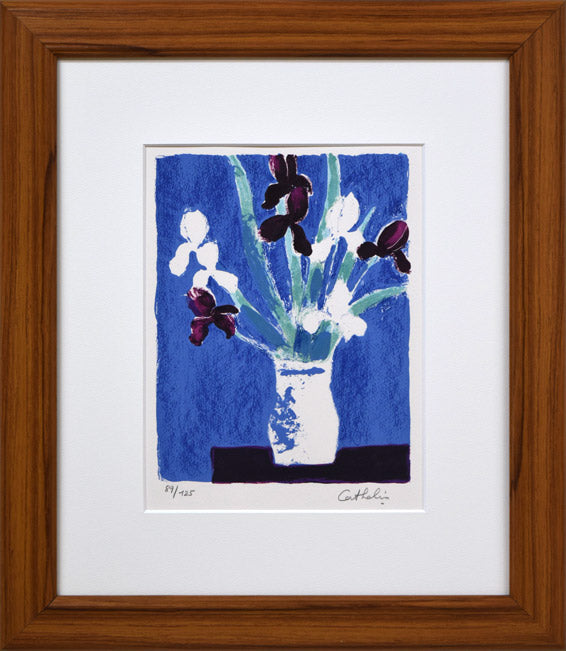 ベルナール・カトラン「青い背景のアイリスの花束」リトグラフ