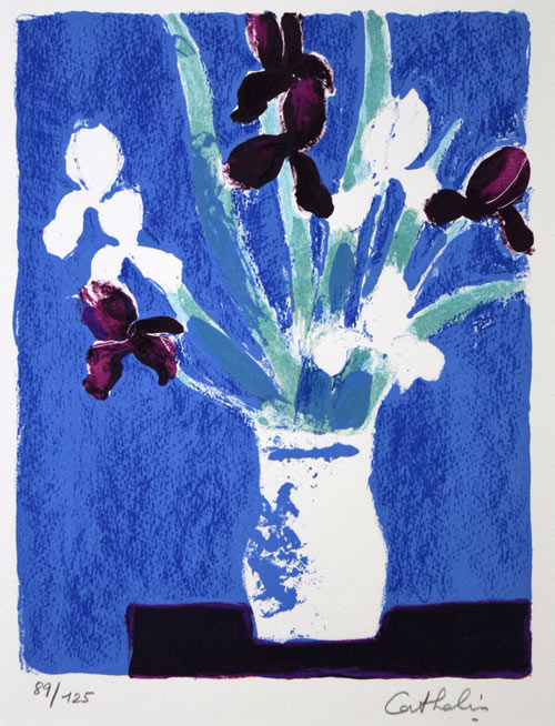 ベルナール・カトラン「青い背景のアイリスの花束」リトグラフ　作品全体拡大画像