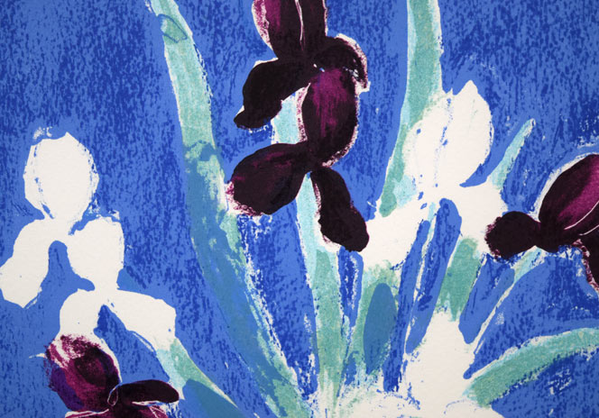 ベルナール・カトラン「青い背景のアイリスの花束」リトグラフ　拡大画像1