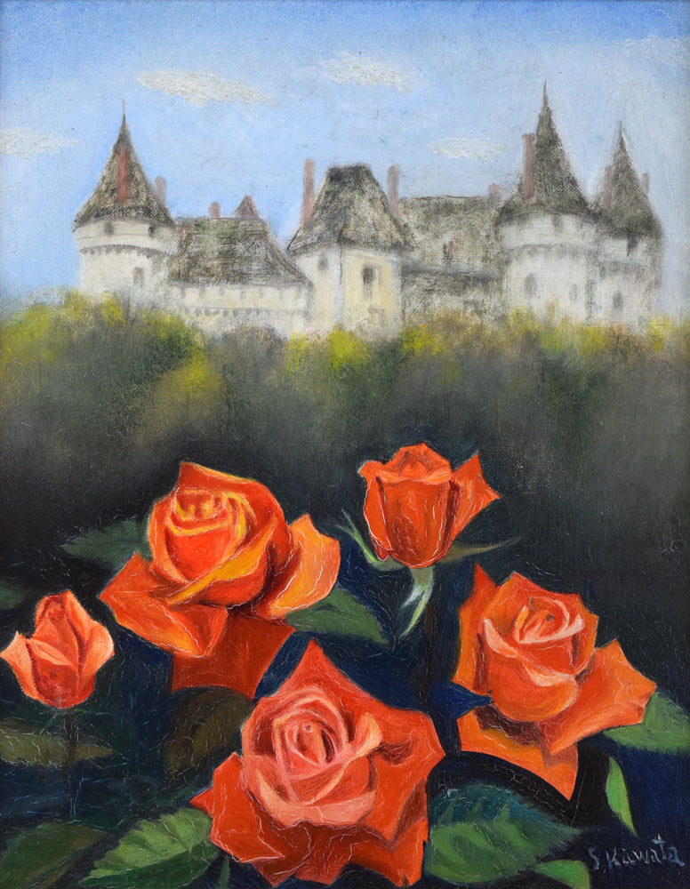 川田茂「城とバラ」油絵・F6号 作品全体画像