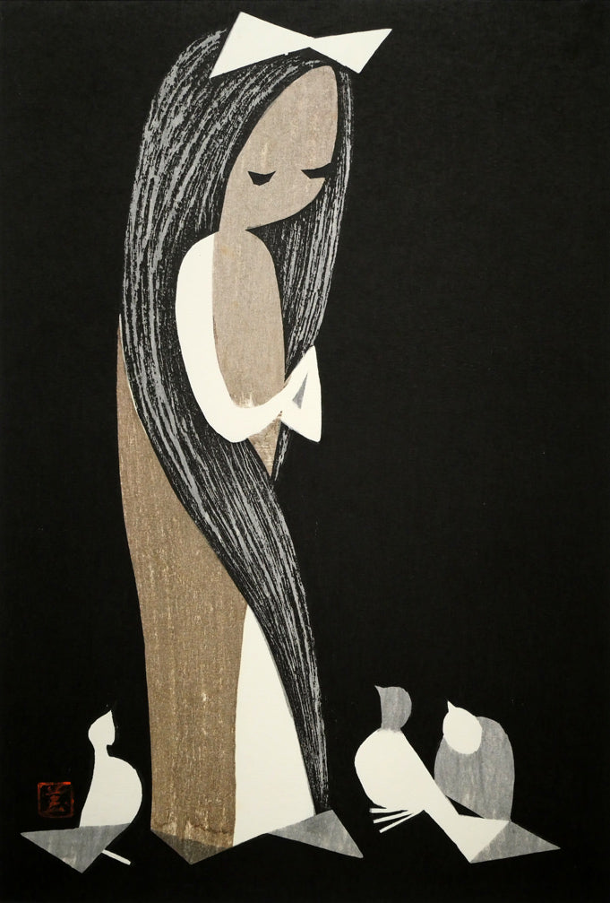 河野薫「鳩」木版画 作品全体画像