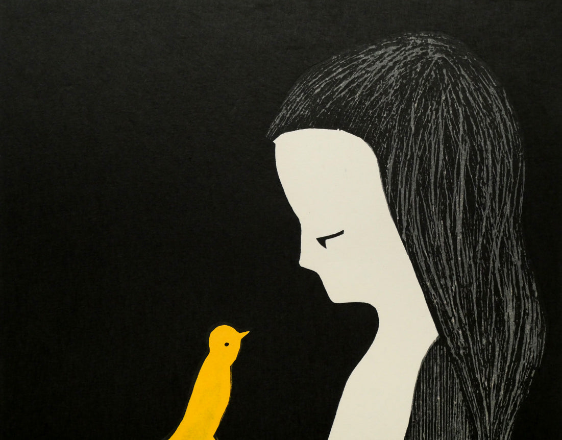 河野薫「カナリヤ」木版画 拡大画像1