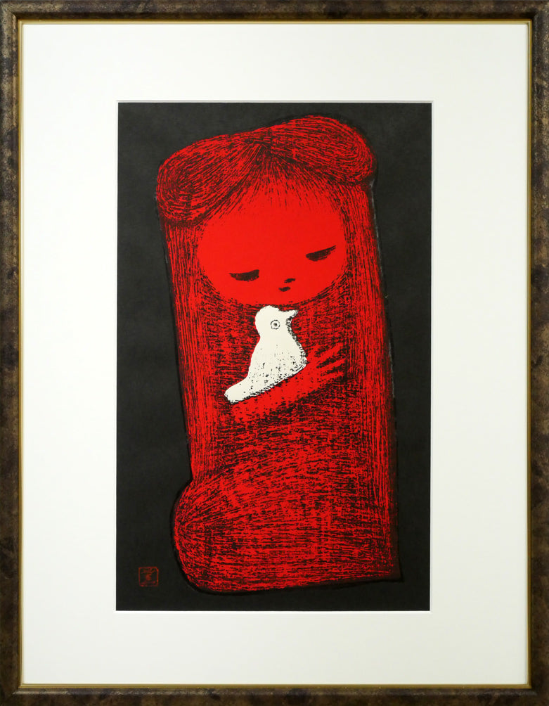 河野薫「小鳥(C)」木版画