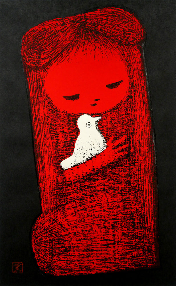 河野薫「小鳥(C)」木版画 作品全体拡大画像