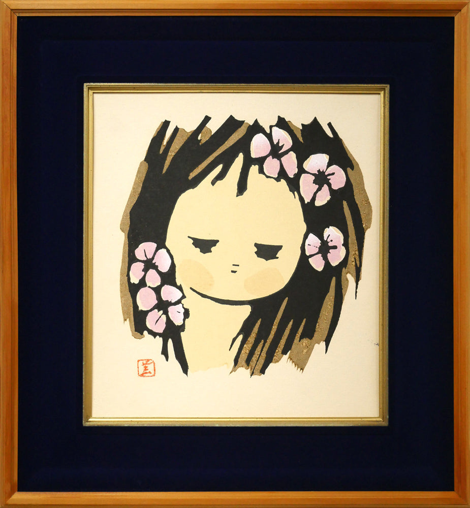 河野薫「花(少女)」木版画