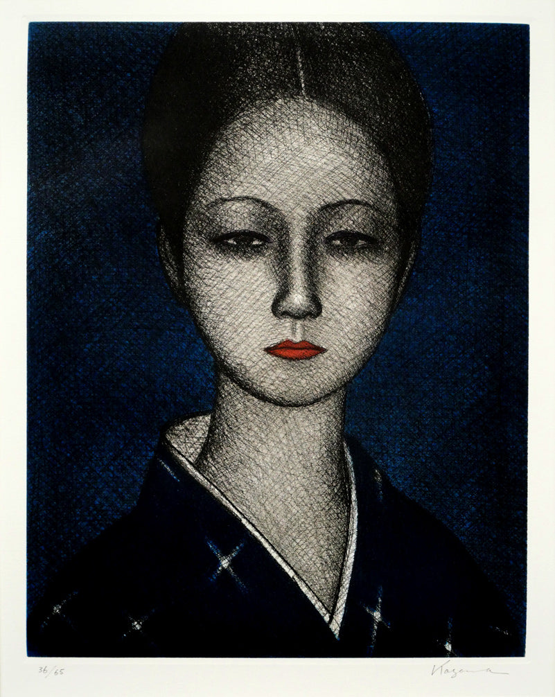 風間完「絣の女」銅版画 作品全体画像