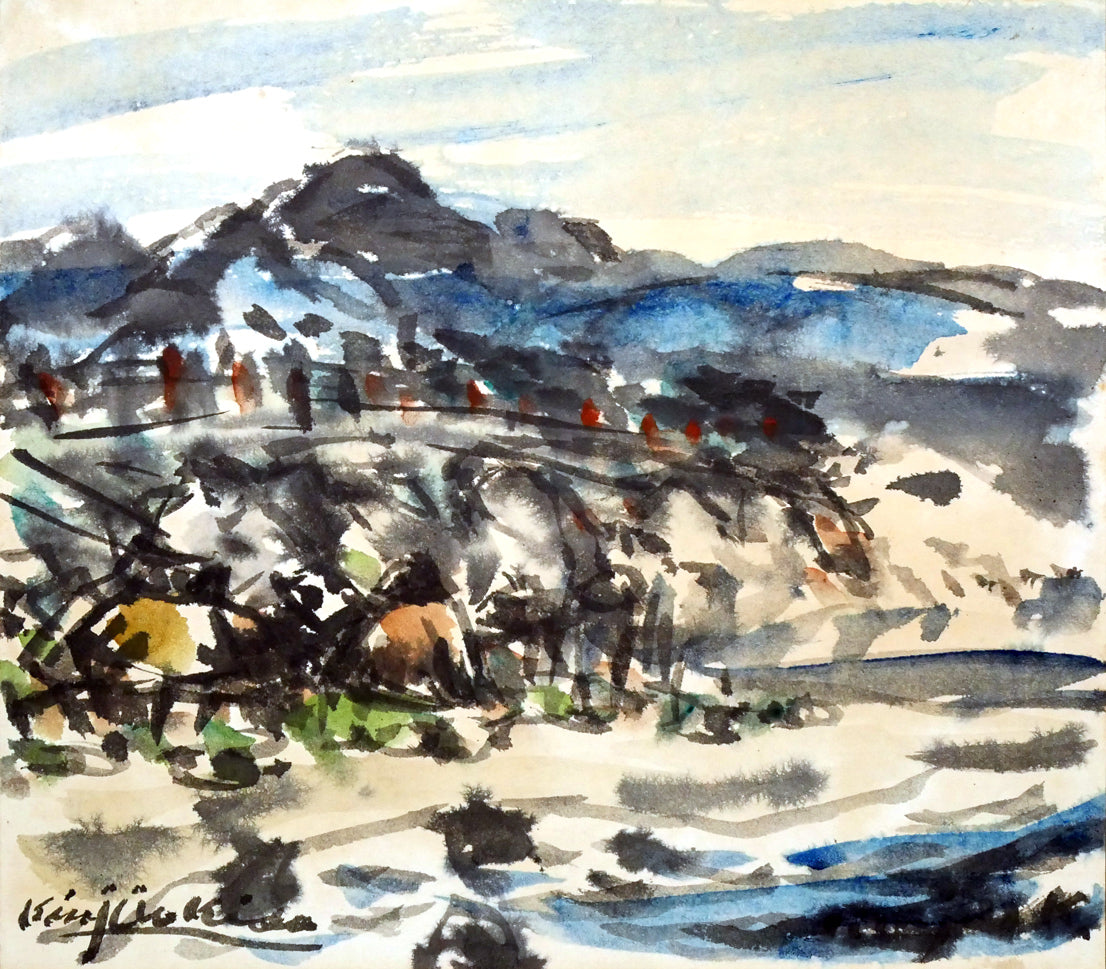 木田金次郎「岩内・堀株(ホリカップ)風景」肉筆彩色画・色紙 作品全体画像