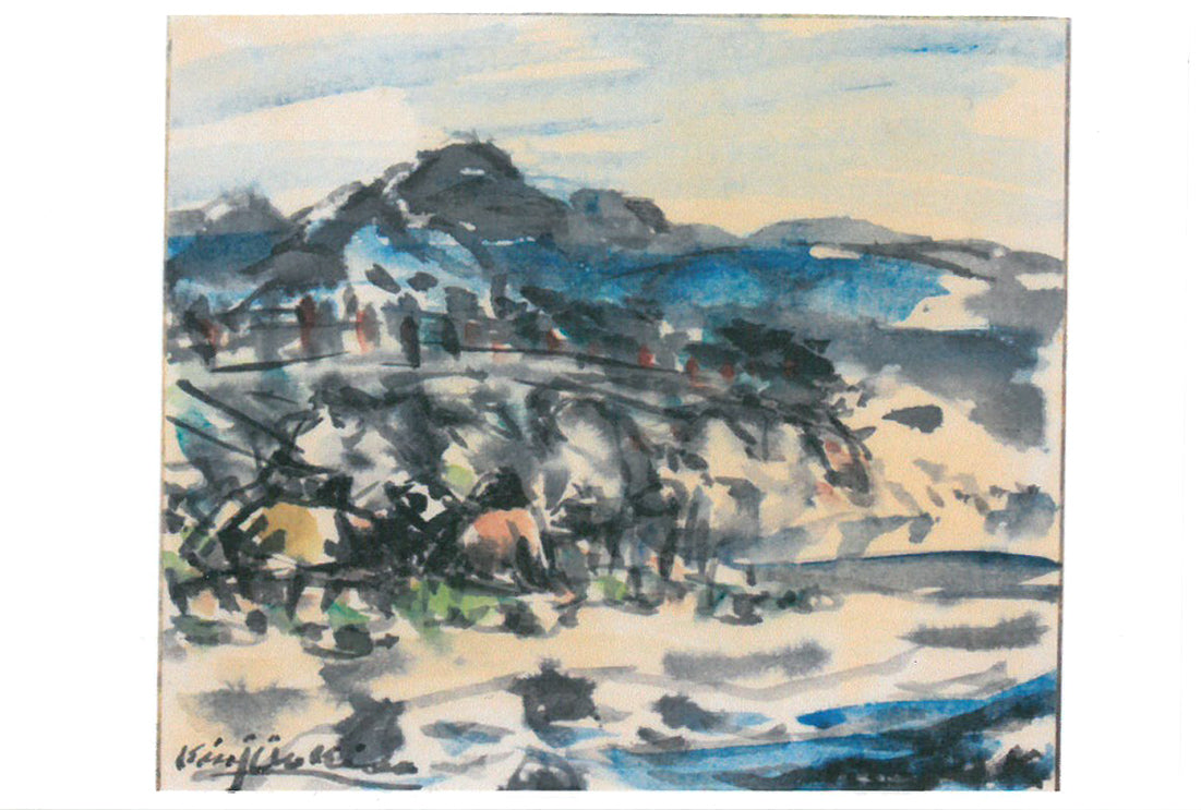 木田金次郎「岩内・堀株(ホリカップ)風景」肉筆彩色画・色紙 鑑定証(裏)