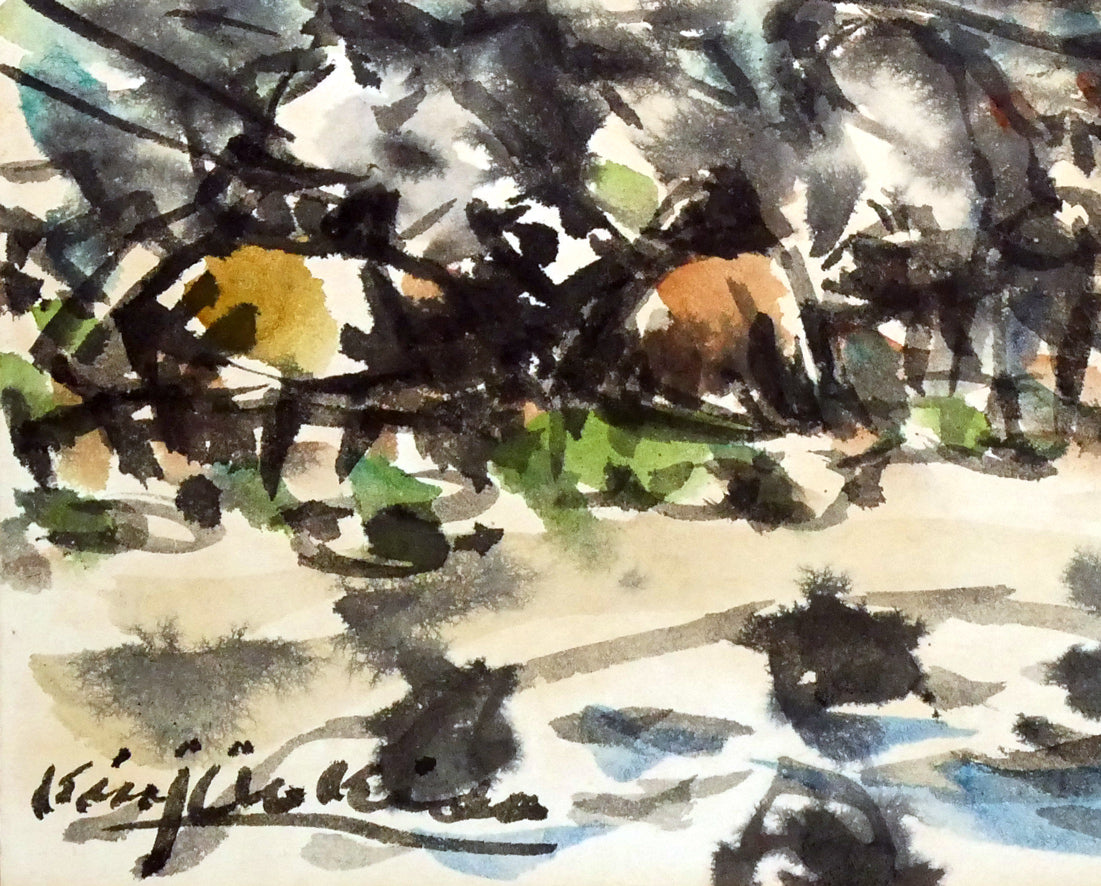 木田金次郎「岩内・堀株(ホリカップ)風景」肉筆彩色画・色紙 拡大画像3