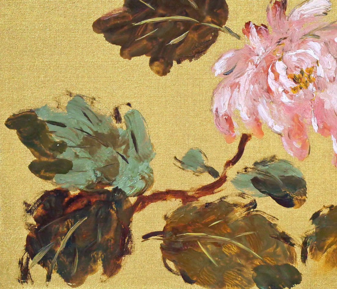 木田金次郎「牡丹(岩内大火前作品)」油絵・金色紙 拡大画像3