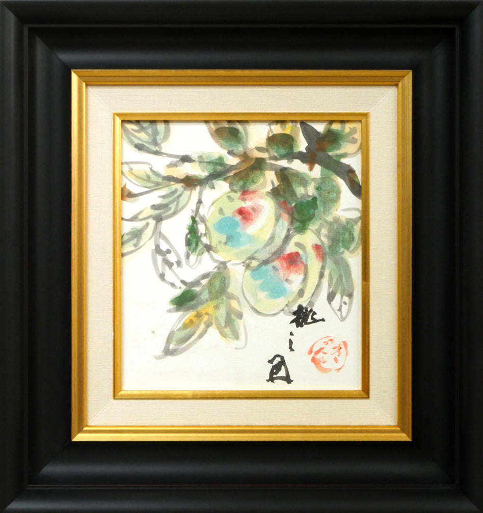 木田金次郎「桃之図」肉筆彩色画・色紙