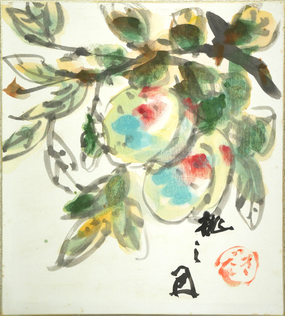 木田金次郎「桃之図」肉筆彩色画・色紙 作品全体拡大画像