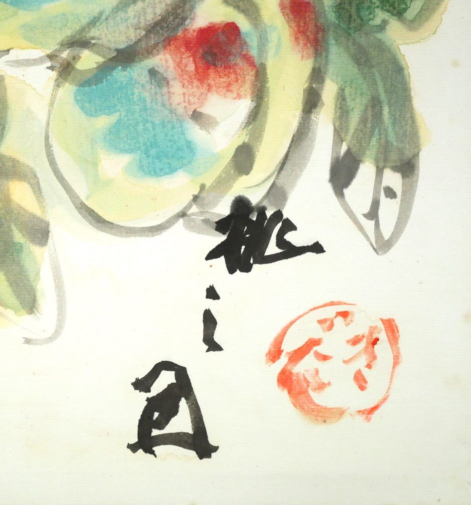 木田金次郎「桃之図」肉筆彩色画・色紙 拡大画像4