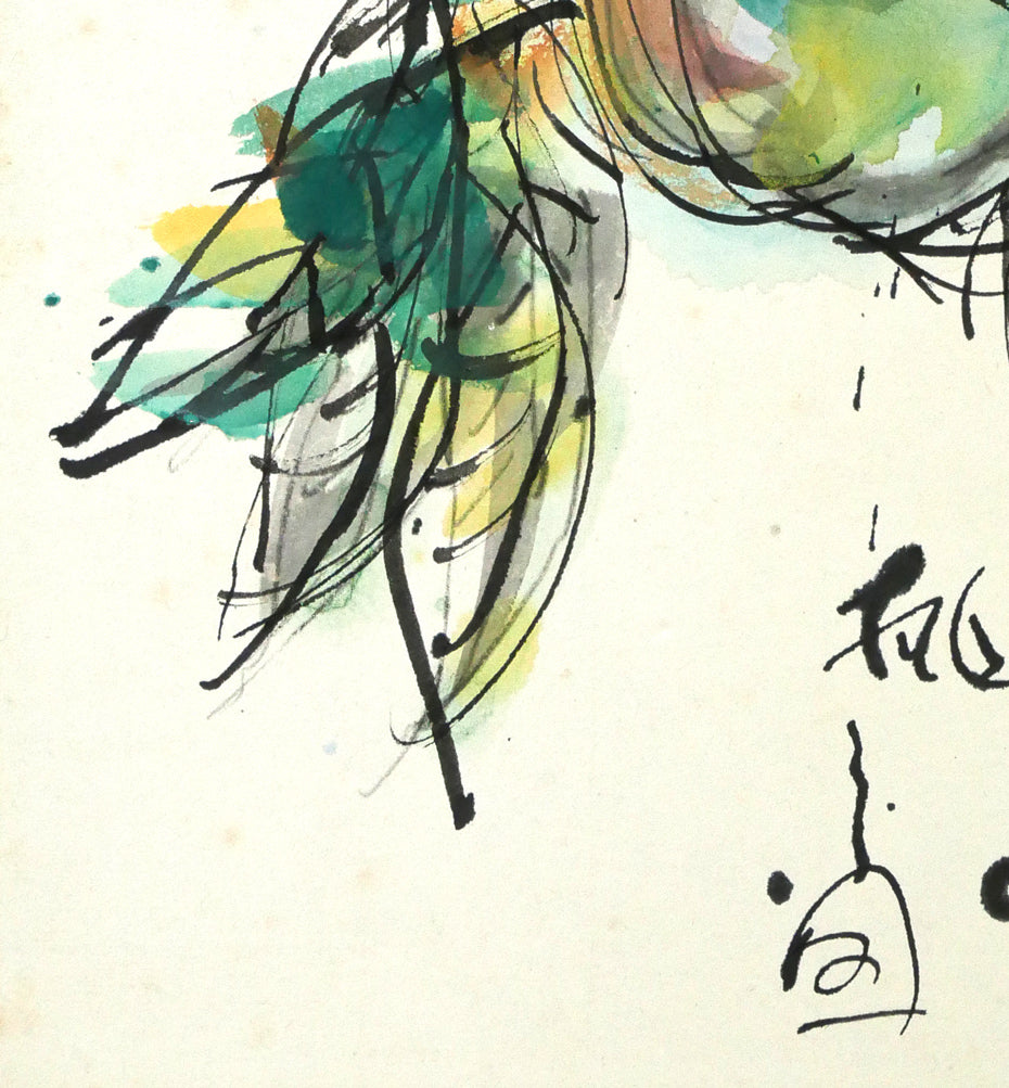 木田金次郎「桃之図(1955年作)」肉筆彩色画・色紙 拡大画像3