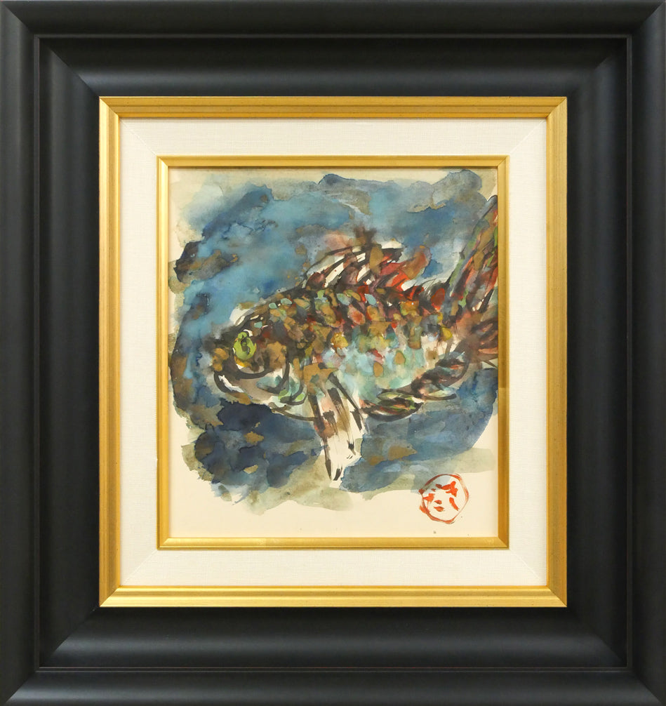 木田金次郎「魚(そい)」肉筆彩色画・色紙
