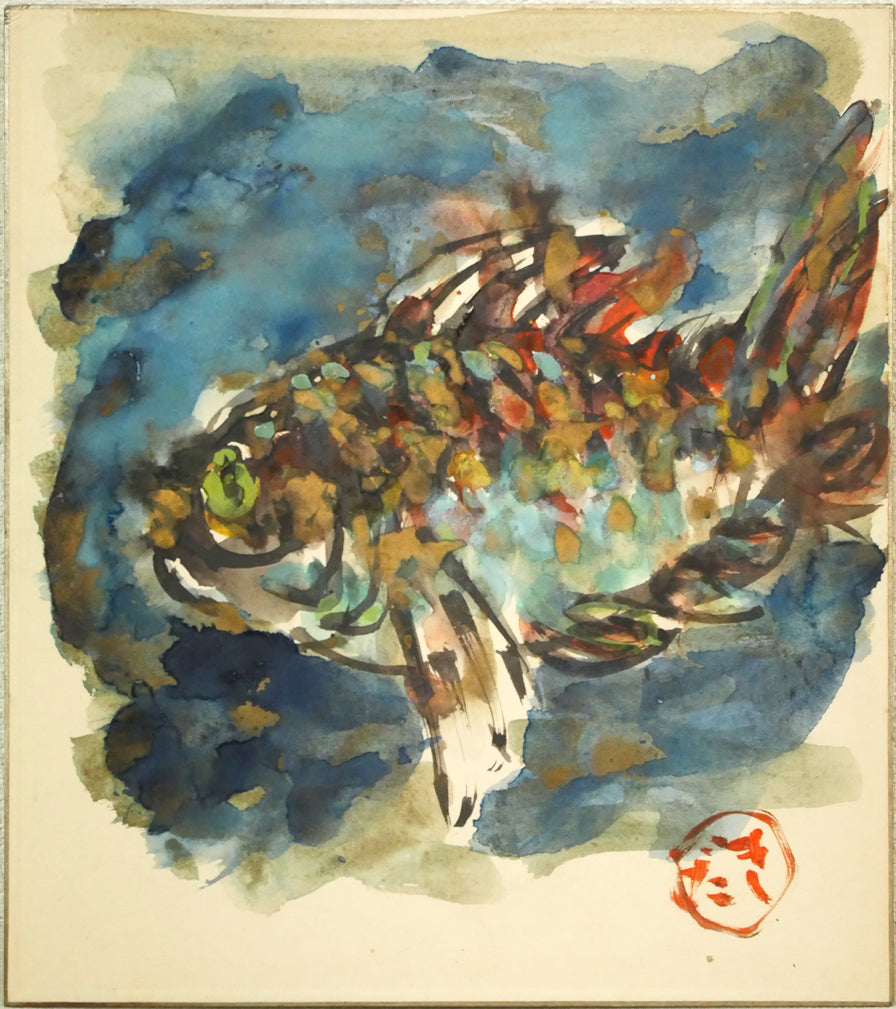 木田金次郎「魚(そい)」肉筆彩色画・色紙 作品全体拡大画像