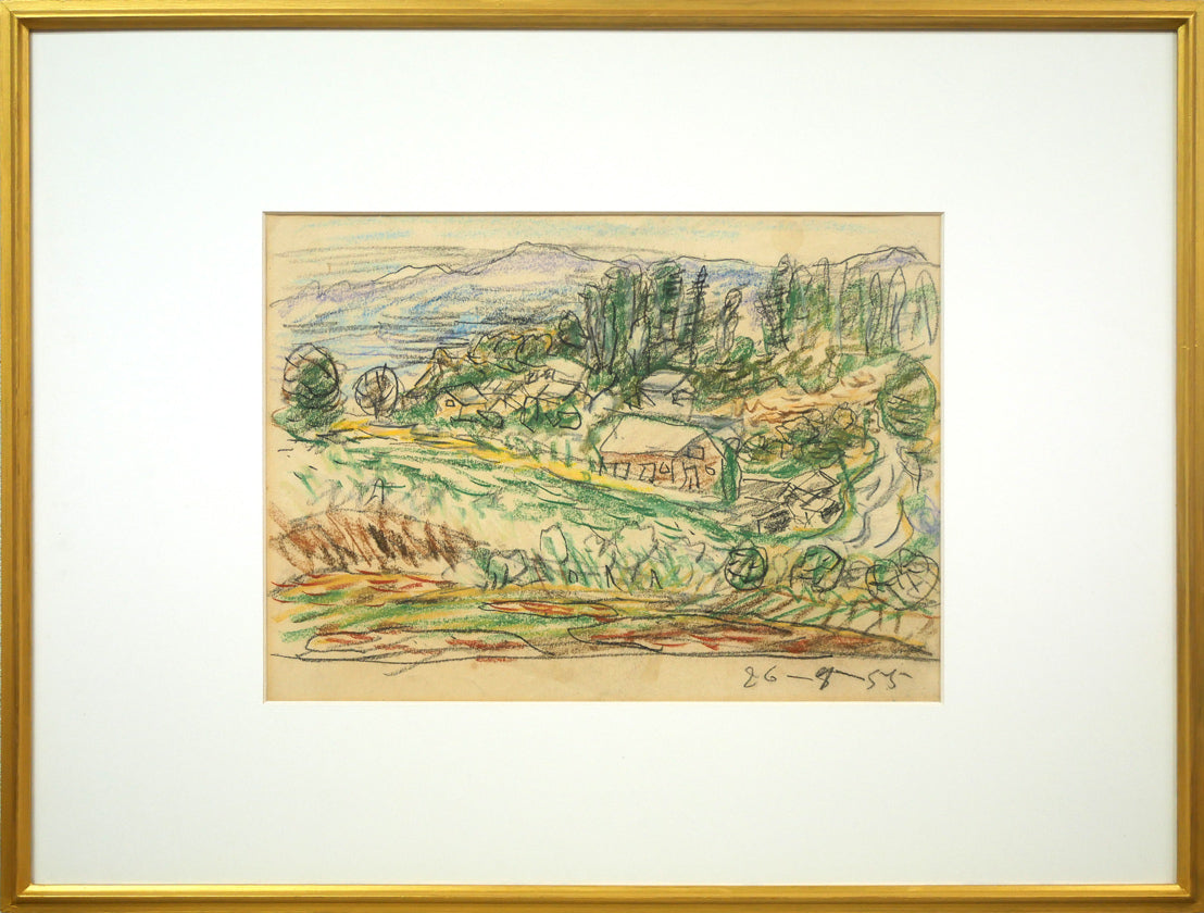 木田金次郎「坂のある風景(画集掲載作品)」クレヨン・紙