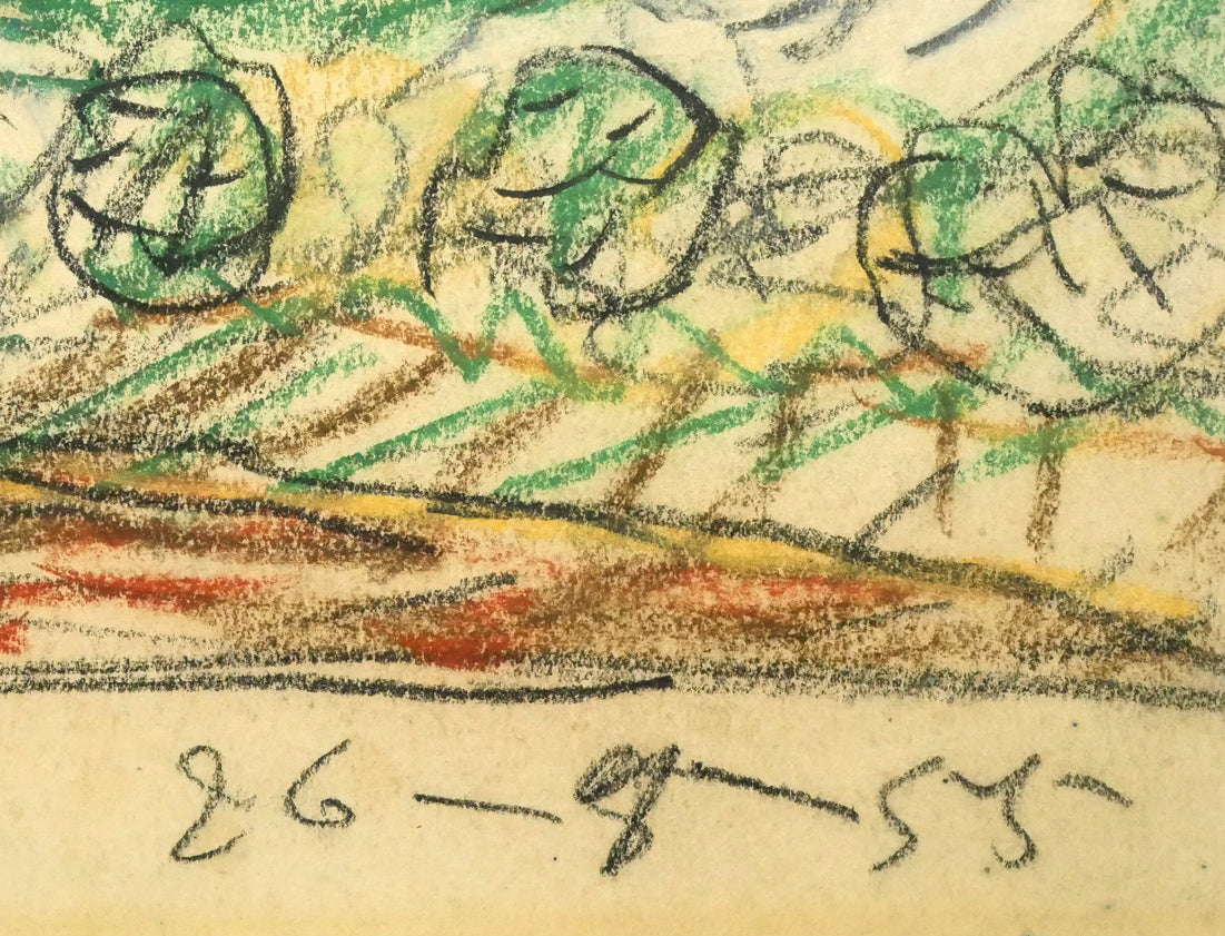 木田金次郎「坂のある風景(画集掲載作品)」クレヨン・紙 制作年(1955年7月26日作)