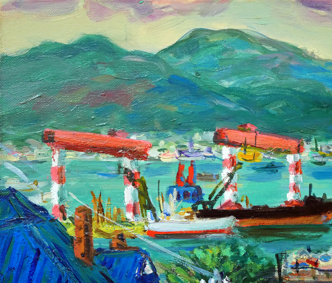 木島務「幸坂から見た眺望(旧ロシア領事館前、函館どつく)」油絵・F10号 拡大画像1