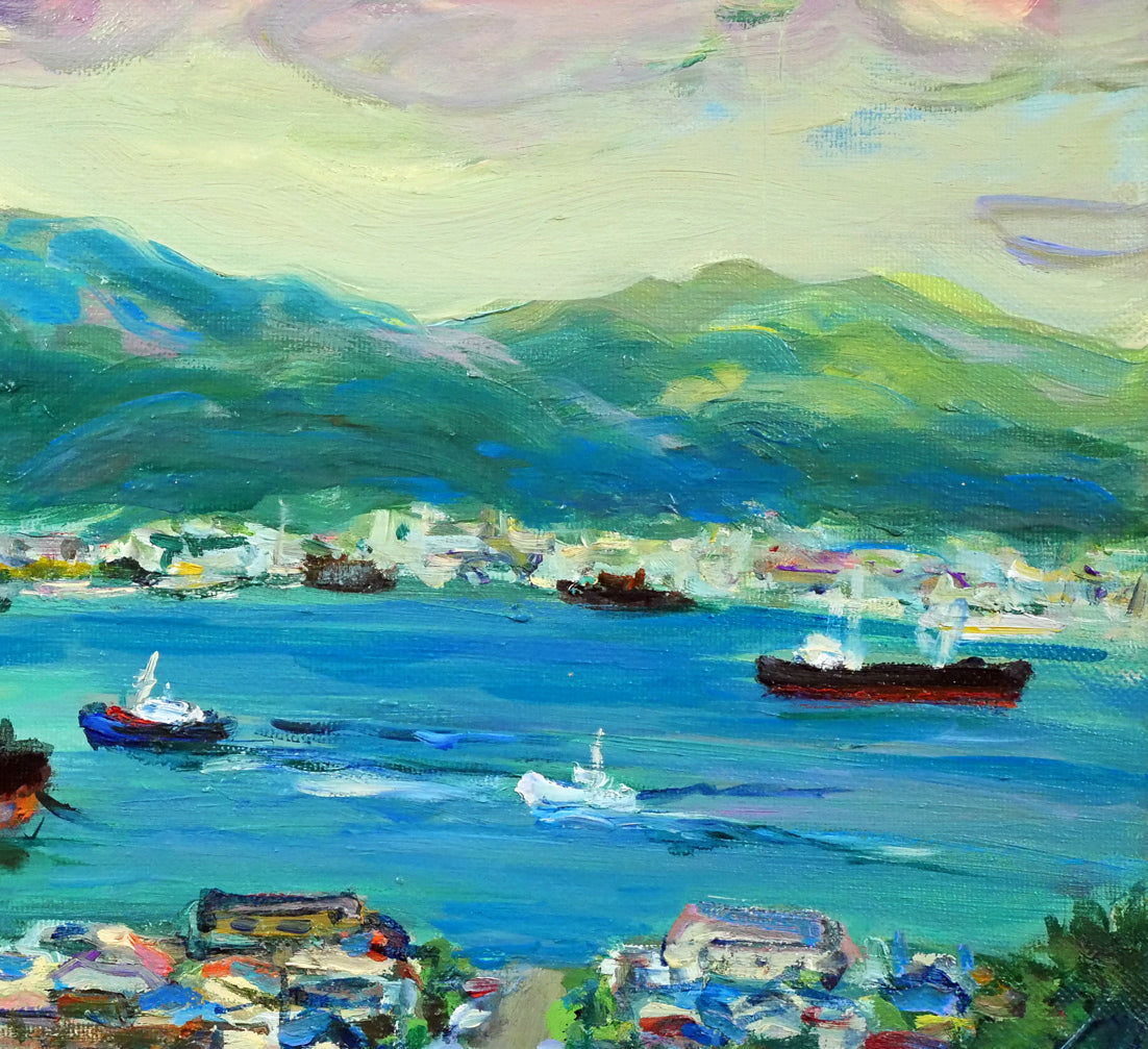 木島務「幸坂から見た眺望(旧ロシア領事館前、函館どつく)」油絵・F10号 拡大画像2